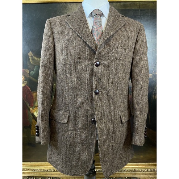VTG Brooks Brothers HARRIS TWEED 38R Italy Made Leather Wrapped 3Btn Sport Coat